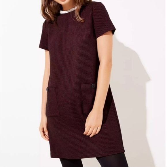 Loft maroon checkered ruffle neck dress - Picture 1 of 9